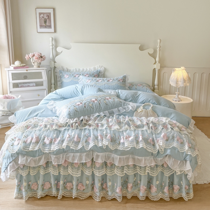 恋尚 2025新款木棉蕾丝床裙四件套-泡芙 泡芙-清新蓝