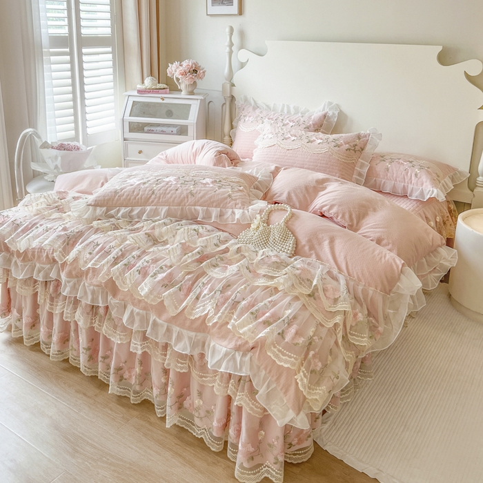 91家纺网 家纺一手货源 找家纺 （总）恋尚 2025新款木棉蕾丝床裙四件套-泡芙