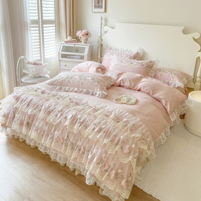 91家纺网 家纺一手货源 找家纺 （总）恋尚 2025新款木棉蕾丝床裙四件套-泡芙