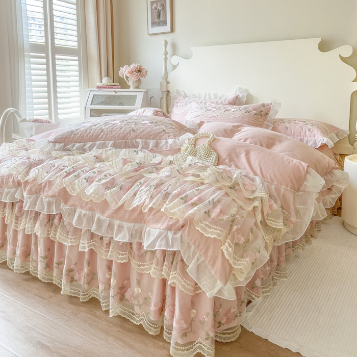 91家纺网 家纺一手货源 找家纺 （总）恋尚 2025新款木棉蕾丝床裙四件套-泡芙