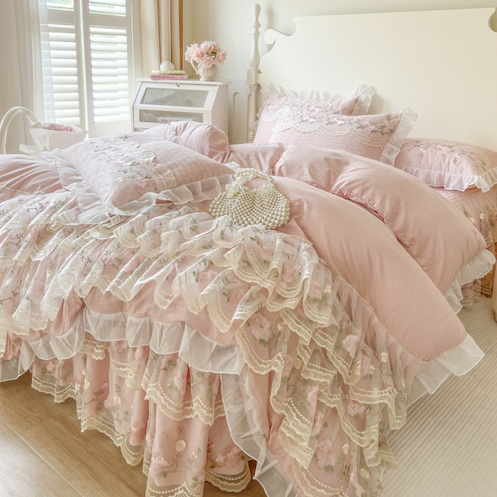 91家纺网 家纺一手货源 找家纺 （总）恋尚 2025新款木棉蕾丝床裙四件套-泡芙