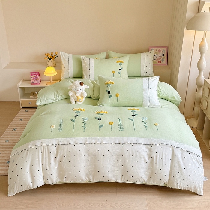 91家纺网 家纺一手货源 找家纺 梧桐家居 2025爆款毛巾绣皱皱双层纱四件套安娜花园安娜花园系列 安娜花园-浅绿