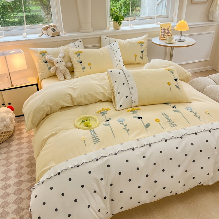 91家纺网 家纺一手货源 找家纺 梧桐家居 2025爆款毛巾绣皱皱双层纱四件套安娜花园安娜花园系列 安娜花园-鹅黄