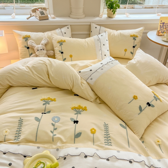 91家纺网 家纺一手货源 找家纺 梧桐家居 2025爆款毛巾绣皱皱双层纱四件套安娜花园安娜花园系列 安娜花园-鹅黄