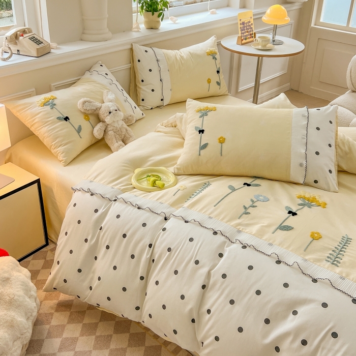 91家纺网 家纺一手货源 找家纺 梧桐家居 2025爆款毛巾绣皱皱双层纱四件套安娜花园安娜花园系列 安娜花园-鹅黄