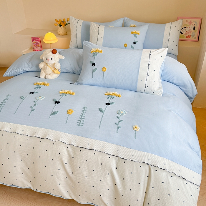 91家纺网 家纺一手货源 找家纺 梧桐家居 2025爆款毛巾绣皱皱双层纱四件套安娜花园安娜花园系列 安娜花园-天蓝