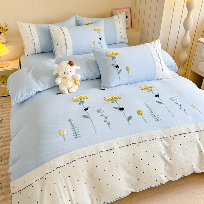 91家纺网 家纺一手货源 找家纺 梧桐家居 2025爆款毛巾绣皱皱双层纱四件套安娜花园安娜花园系列 安娜花园-天蓝