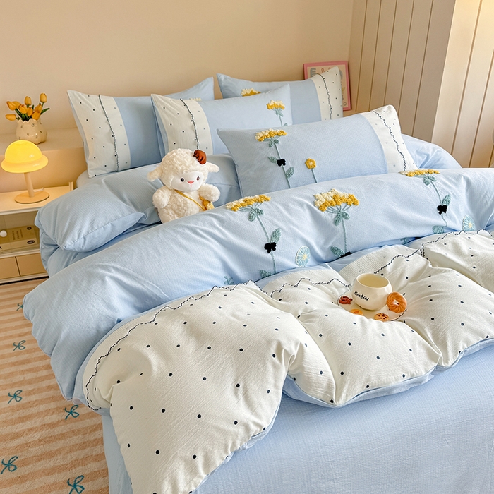 91家纺网 家纺一手货源 找家纺 梧桐家居 2025爆款毛巾绣皱皱双层纱四件套安娜花园安娜花园系列 安娜花园-天蓝