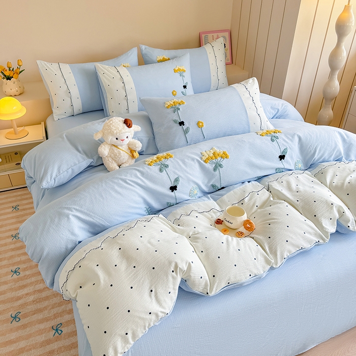 91家纺网 家纺一手货源 找家纺 梧桐家居 2025爆款毛巾绣皱皱双层纱四件套安娜花园安娜花园系列 安娜花园-天蓝