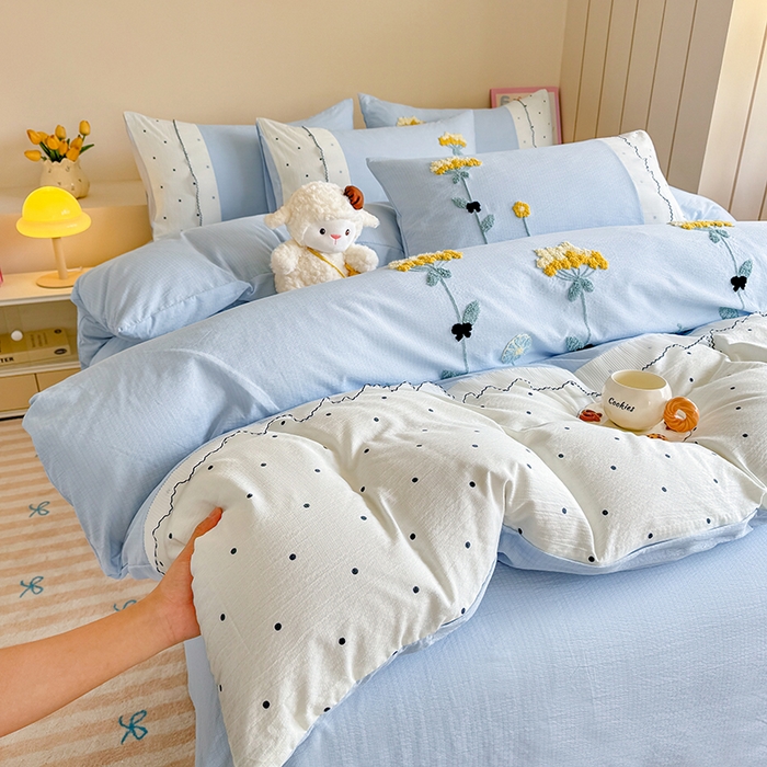 91家纺网 家纺一手货源 找家纺 梧桐家居 2025爆款毛巾绣皱皱双层纱四件套安娜花园安娜花园系列 安娜花园-天蓝