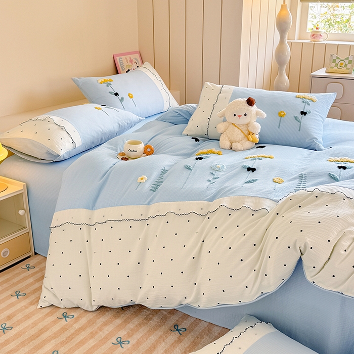 91家纺网 家纺一手货源 找家纺 梧桐家居 2025爆款毛巾绣皱皱双层纱四件套安娜花园安娜花园系列 安娜花园-天蓝