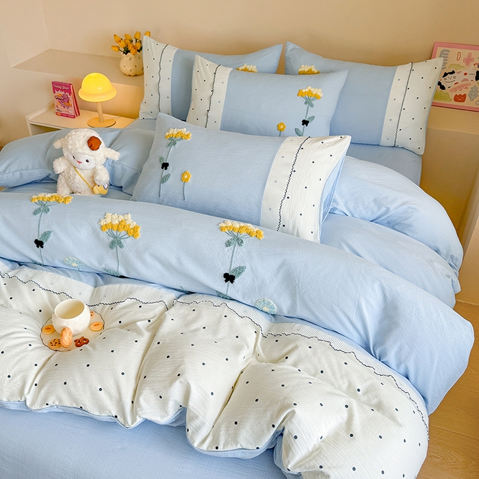 91家纺网 家纺一手货源 找家纺 梧桐家居 2025爆款毛巾绣皱皱双层纱四件套安娜花园安娜花园系列 安娜花园-天蓝