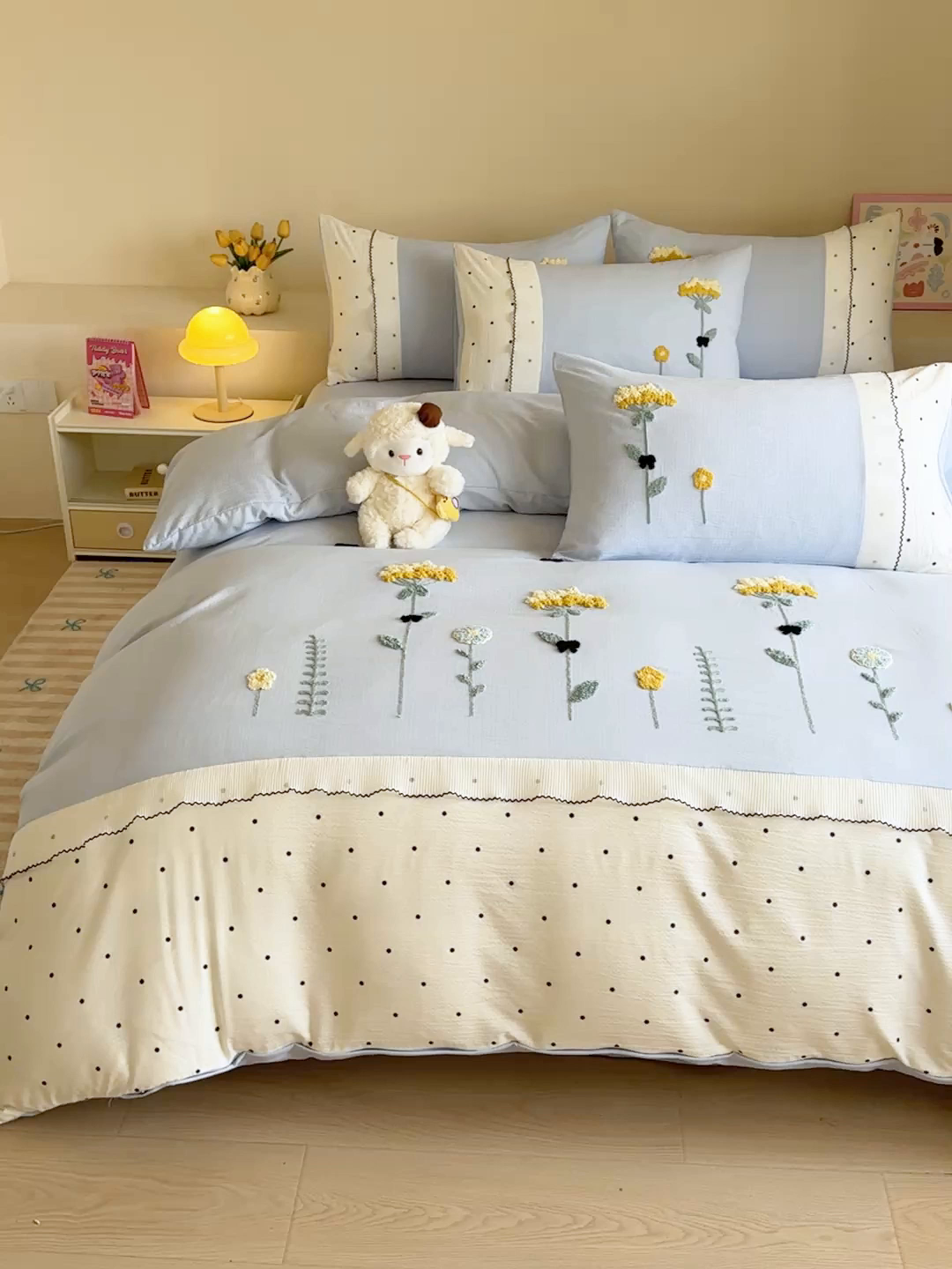 91家纺网 家纺一手货源 找家纺 梧桐家居 2025爆款毛巾绣皱皱双层纱四件套安娜花园安娜花园系列 安娜花园-天蓝