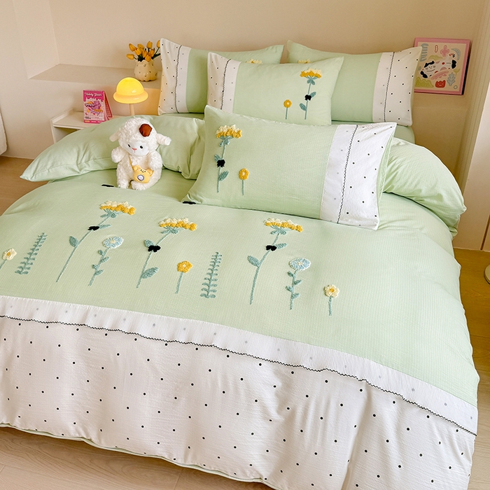 91家纺网 家纺一手货源 找家纺 梧桐家居 2025爆款毛巾绣皱皱双层纱四件套安娜花园安娜花园系列 安娜花园-浅绿