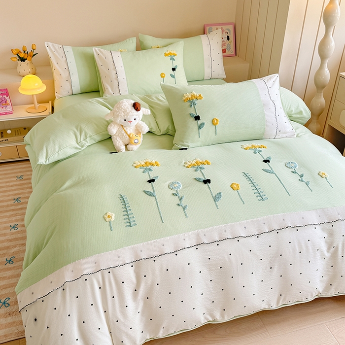 91家纺网 家纺一手货源 找家纺 梧桐家居 2025爆款毛巾绣皱皱双层纱四件套安娜花园安娜花园系列 安娜花园-浅绿