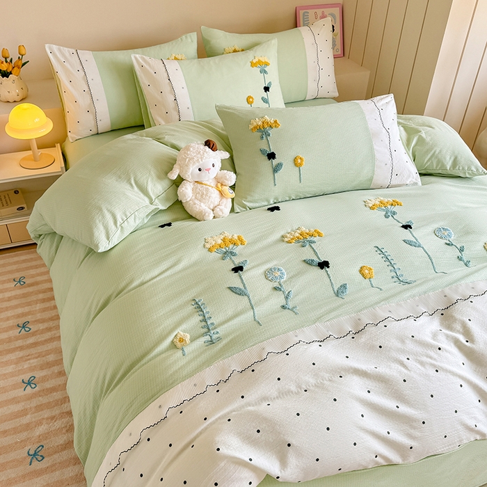 91家纺网 家纺一手货源 找家纺 梧桐家居 2025爆款毛巾绣皱皱双层纱四件套安娜花园安娜花园系列 安娜花园-浅绿