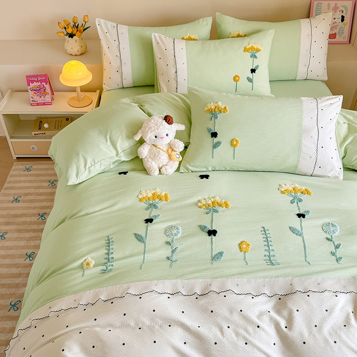 91家纺网 家纺一手货源 找家纺 梧桐家居 2025爆款毛巾绣皱皱双层纱四件套安娜花园安娜花园系列 安娜花园-浅绿