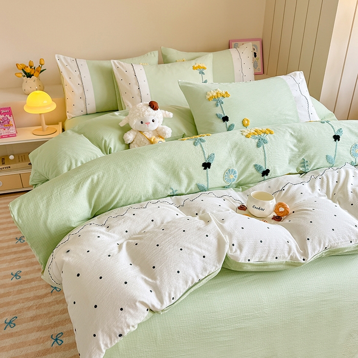 91家纺网 家纺一手货源 找家纺 梧桐家居 2025爆款毛巾绣皱皱双层纱四件套安娜花园安娜花园系列 安娜花园-浅绿