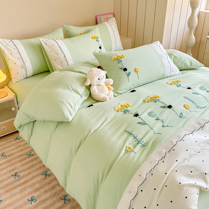 91家纺网 家纺一手货源 找家纺 梧桐家居 2025爆款毛巾绣皱皱双层纱四件套安娜花园安娜花园系列 安娜花园-浅绿