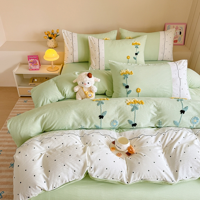 91家纺网 家纺一手货源 找家纺 梧桐家居 2025爆款毛巾绣皱皱双层纱四件套安娜花园安娜花园系列 安娜花园-浅绿