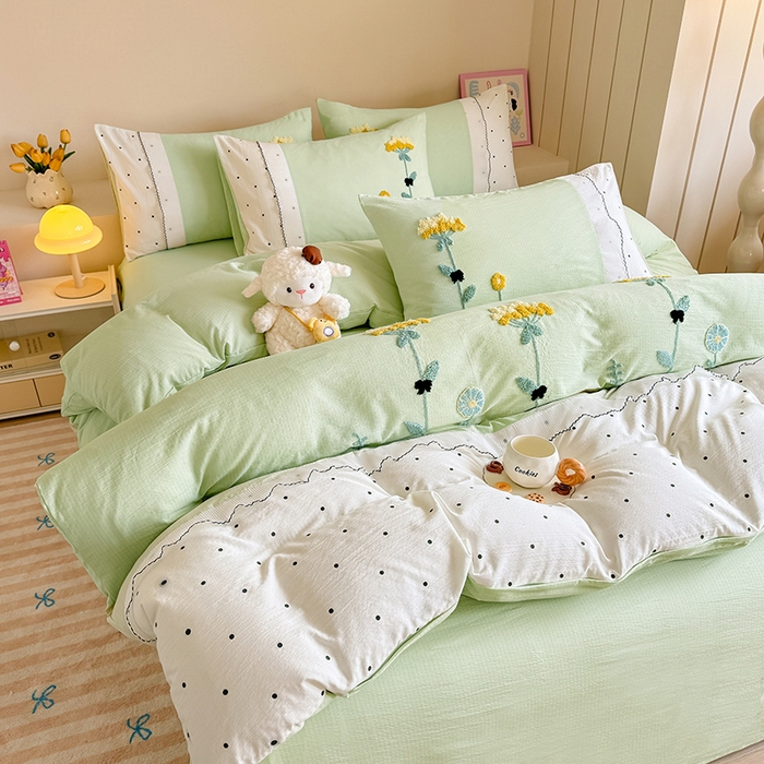 91家纺网 家纺一手货源 找家纺 梧桐家居 2025爆款毛巾绣皱皱双层纱四件套安娜花园安娜花园系列 安娜花园-浅绿