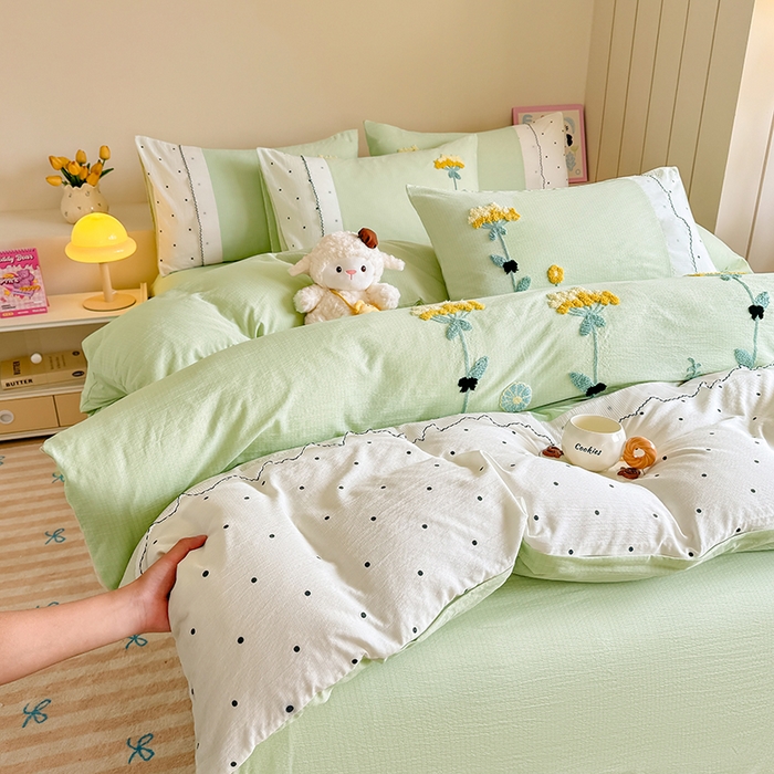 91家纺网 家纺一手货源 找家纺 梧桐家居 2025爆款毛巾绣皱皱双层纱四件套安娜花园安娜花园系列 安娜花园-浅绿