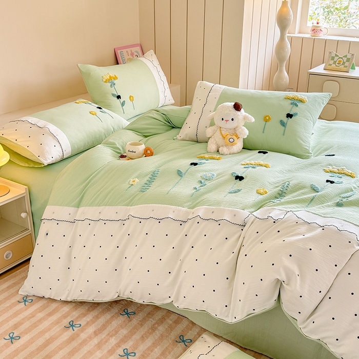 91家纺网 家纺一手货源 找家纺 梧桐家居 2025爆款毛巾绣皱皱双层纱四件套安娜花园安娜花园系列 安娜花园-浅绿