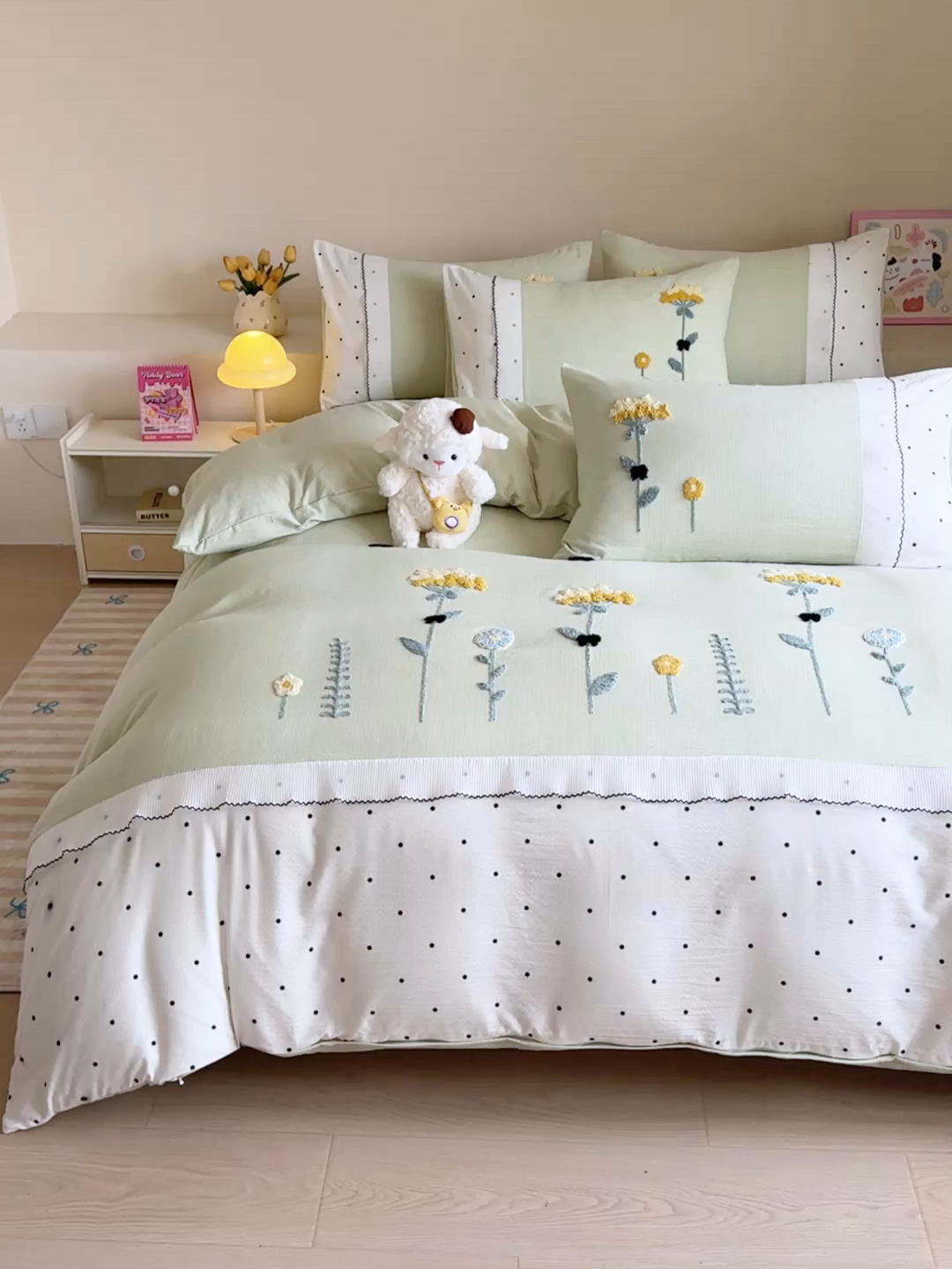 91家纺网 家纺一手货源 找家纺 梧桐家居 2025爆款毛巾绣皱皱双层纱四件套安娜花园安娜花园系列 安娜花园-浅绿