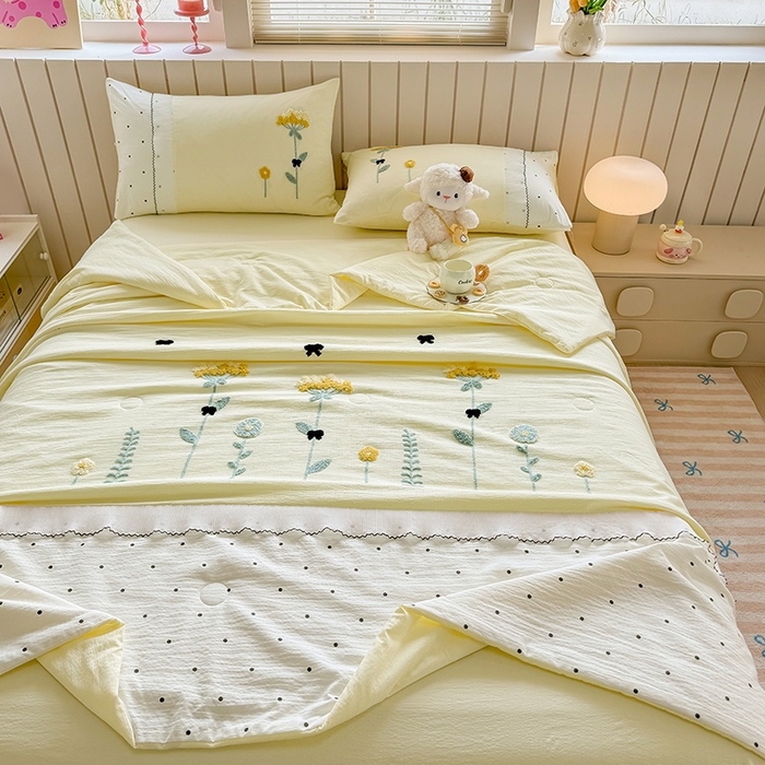 91家纺网 家纺一手货源 找家纺 （总）梧桐家居 2025爆款小清新绣花蕾丝边全棉夏被夏凉被空调被四件套 安娜花园