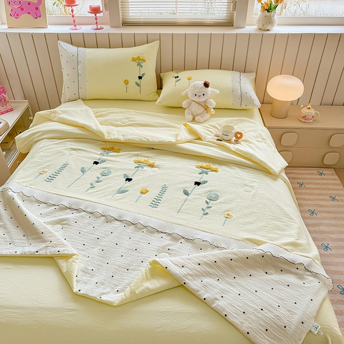 91家纺网 家纺一手货源 找家纺 （总）梧桐家居 2025爆款小清新绣花蕾丝边全棉夏被夏凉被空调被四件套 安娜花园