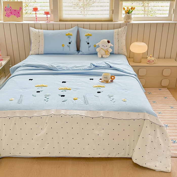 91家纺网 家纺一手货源 找家纺 梧桐家居 2025爆款小清新绣花蕾丝边全棉夏被夏凉被空调被四件套 安娜花园 安娜花园-天蓝