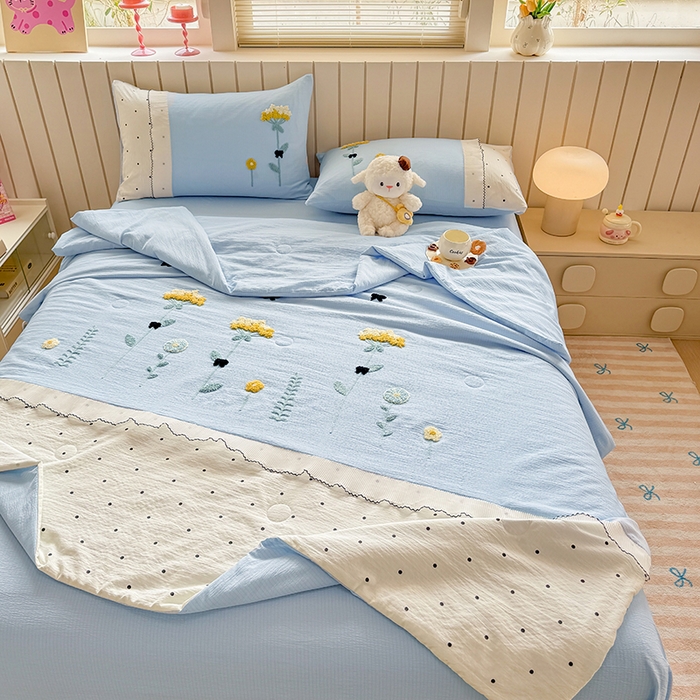 91家纺网 家纺一手货源 找家纺 梧桐家居 2025爆款小清新绣花蕾丝边全棉夏被夏凉被空调被四件套 安娜花园 安娜花园-天蓝