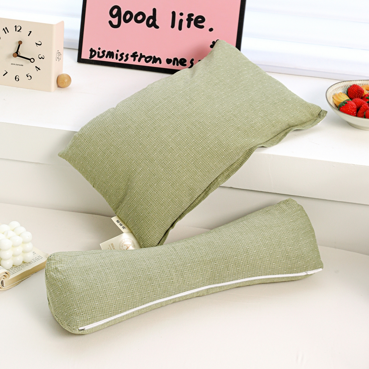 91家纺网 家纺一手货源 找家纺 亦帆枕芯 2025春夏新款全棉三角牵引组合荞麦枕 枕头枕芯 绿色-全棉连体颈椎枕 方枕48x28cm三角枕48x16cm/对