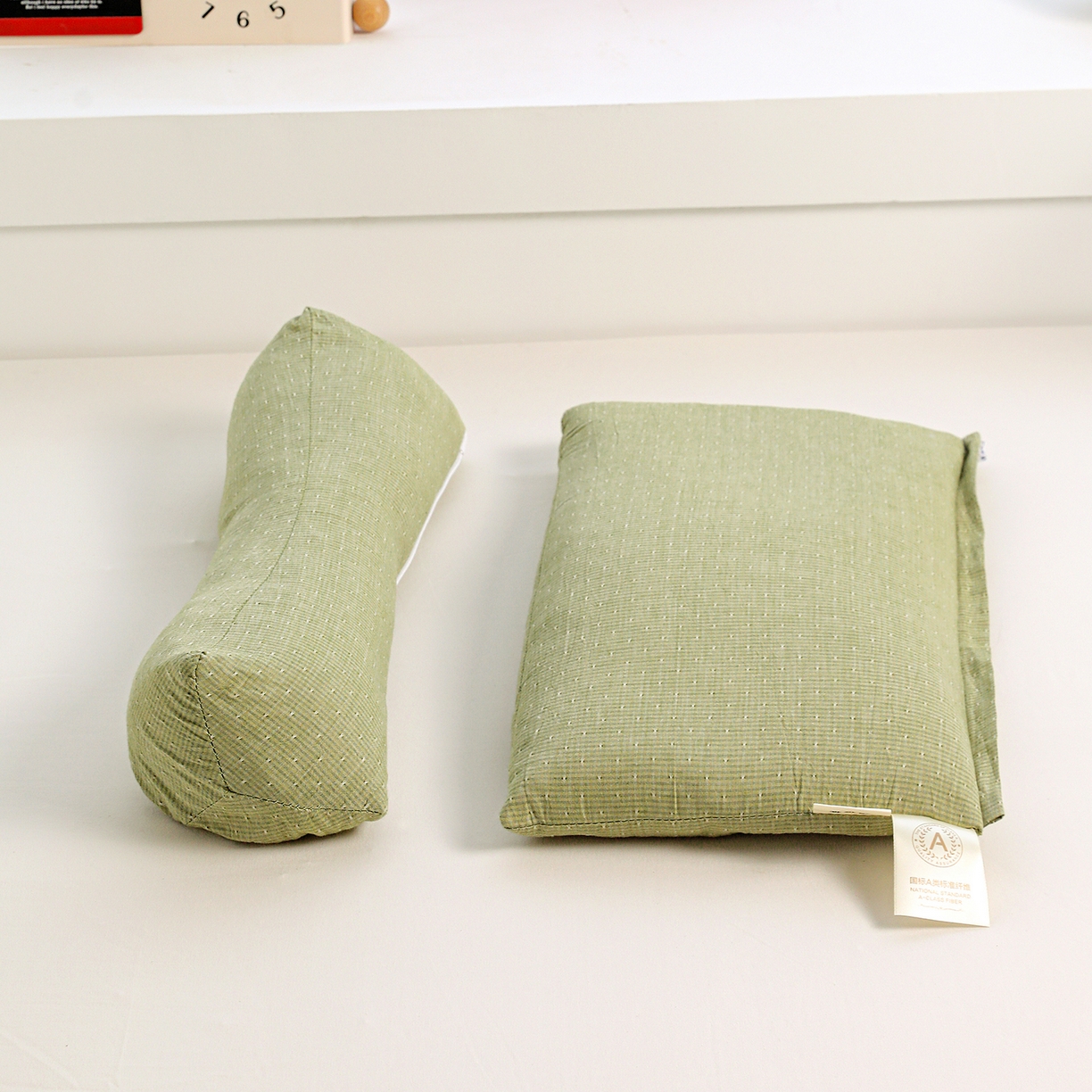 91家纺网 家纺一手货源 找家纺 亦帆枕芯 2025春夏新款全棉三角牵引组合荞麦枕 枕头枕芯 绿色-全棉连体颈椎枕 方枕48x28cm三角枕48x16cm/对