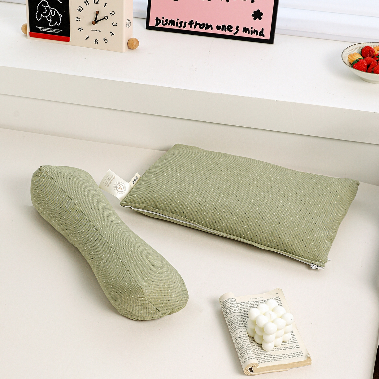 91家纺网 家纺一手货源 找家纺 亦帆枕芯 2025春夏新款全棉三角牵引组合荞麦枕 枕头枕芯 绿色-全棉连体颈椎枕 方枕48x28cm三角枕48x16cm/对