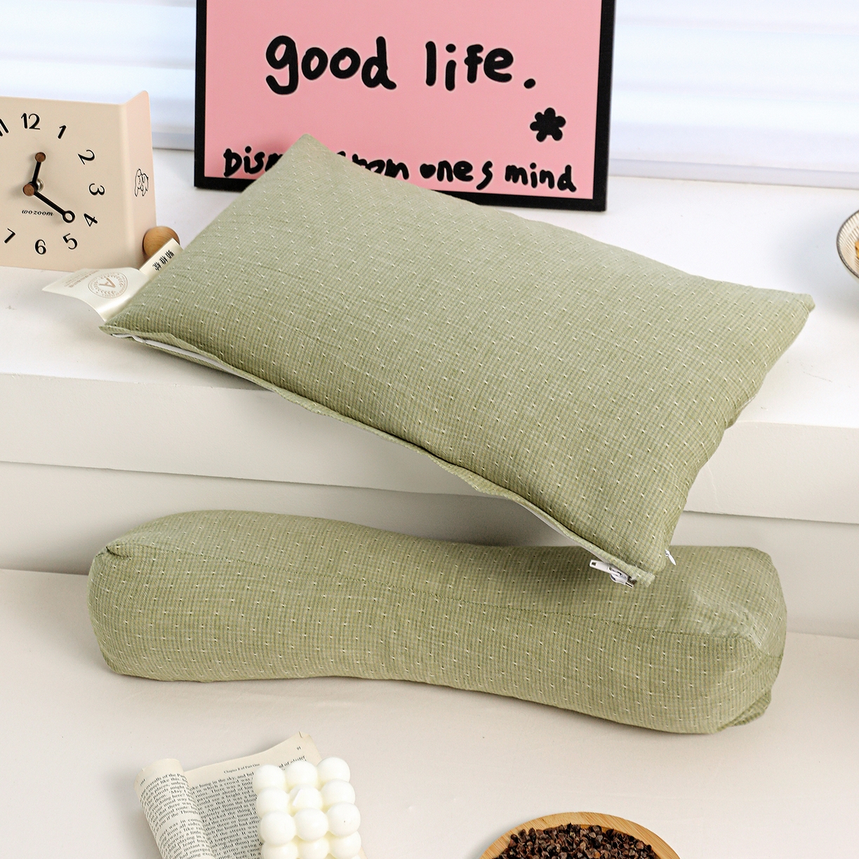 91家纺网 家纺一手货源 找家纺 亦帆枕芯 2025春夏新款全棉三角牵引组合荞麦枕 枕头枕芯 绿色-全棉连体颈椎枕 方枕48x28cm三角枕48x16cm/对