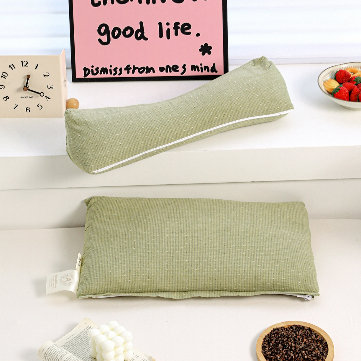 91家纺网 家纺一手货源 找家纺 亦帆枕芯 2025春夏新款全棉三角牵引组合荞麦枕 枕头枕芯 绿色-全棉连体颈椎枕 方枕35x20cm三角枕35x16cm/对