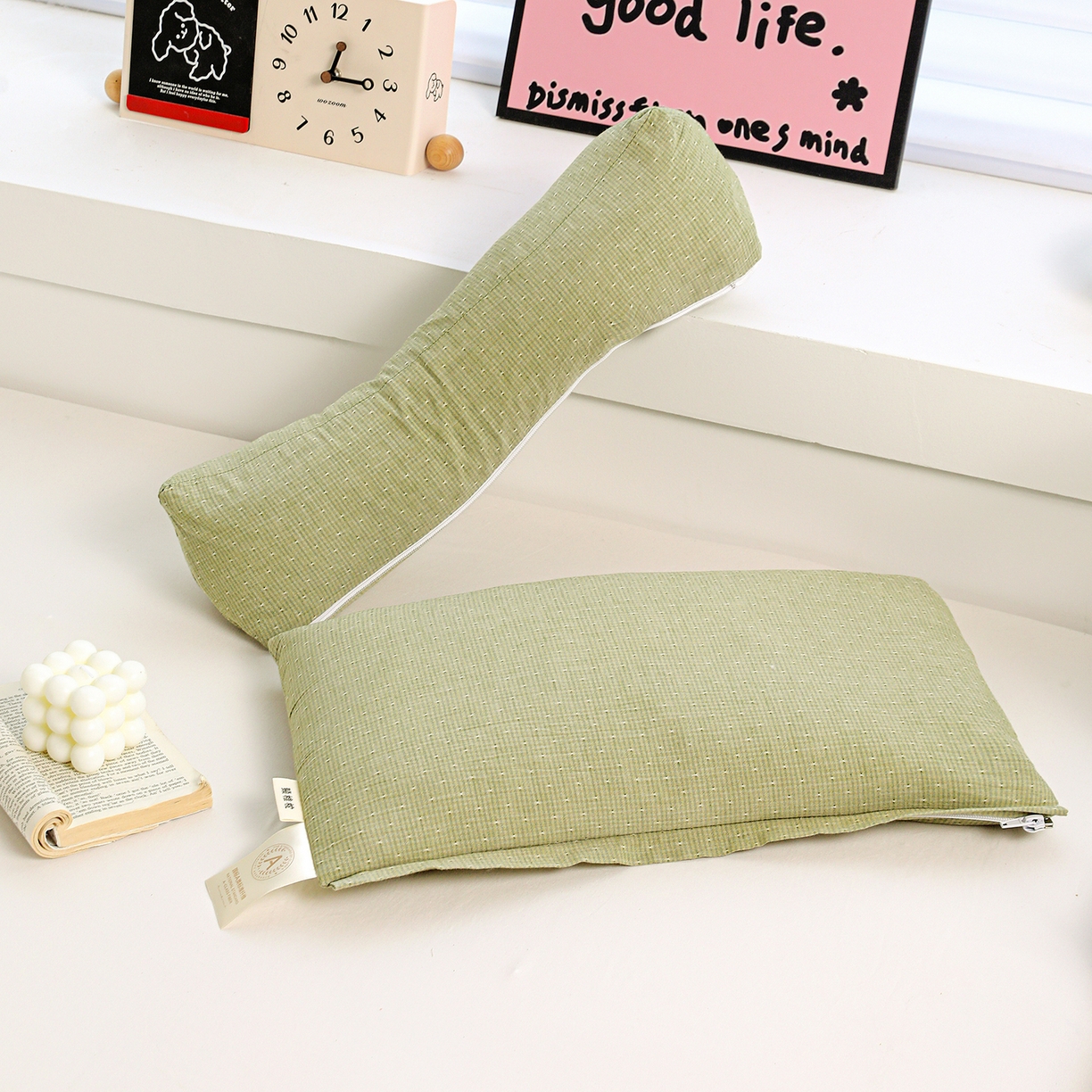 91家纺网 家纺一手货源 找家纺 亦帆枕芯 2025春夏新款全棉三角牵引组合荞麦枕 枕头枕芯 绿色-全棉连体颈椎枕 方枕35x20cm三角枕35x16cm/对