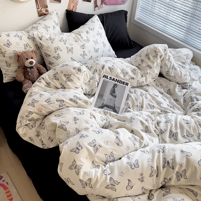 91家纺网 家纺一手货源 找家纺 韩巢家纺 2025新款水洗棉印花被套床单四件套学生宿舍床上三件套 -提供卖家秀 梦幻蝴蝶