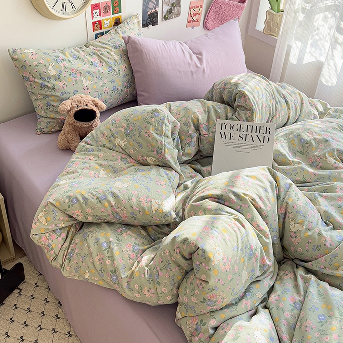 91家纺网 家纺一手货源 找家纺 韩巢家纺 2025新款水洗棉印花被套床单四件套学生宿舍床上三件套 -提供卖家秀 丝带飞飞兔