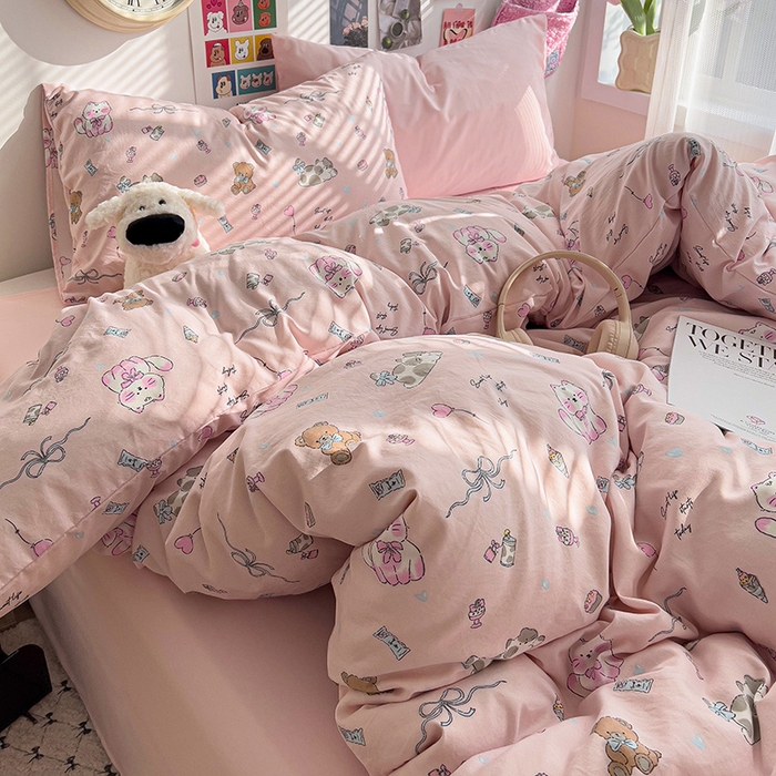 91家纺网 家纺一手货源 找家纺 韩巢家纺 2025新款水洗棉印花被套床单四件套学生宿舍床上三件套 -提供卖家秀 小猫线球