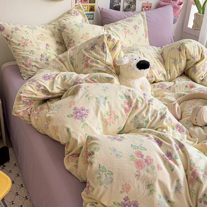 91家纺网 家纺一手货源 找家纺 韩巢家纺 2025新款水洗棉印花被套床单四件套学生宿舍床上三件套 -提供卖家秀 流心奶糕