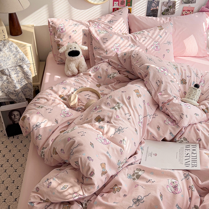 91家纺网 家纺一手货源 找家纺 韩巢家纺 2025新款水洗棉印花被套床单四件套学生宿舍床上三件套 -提供卖家秀 小猫线球