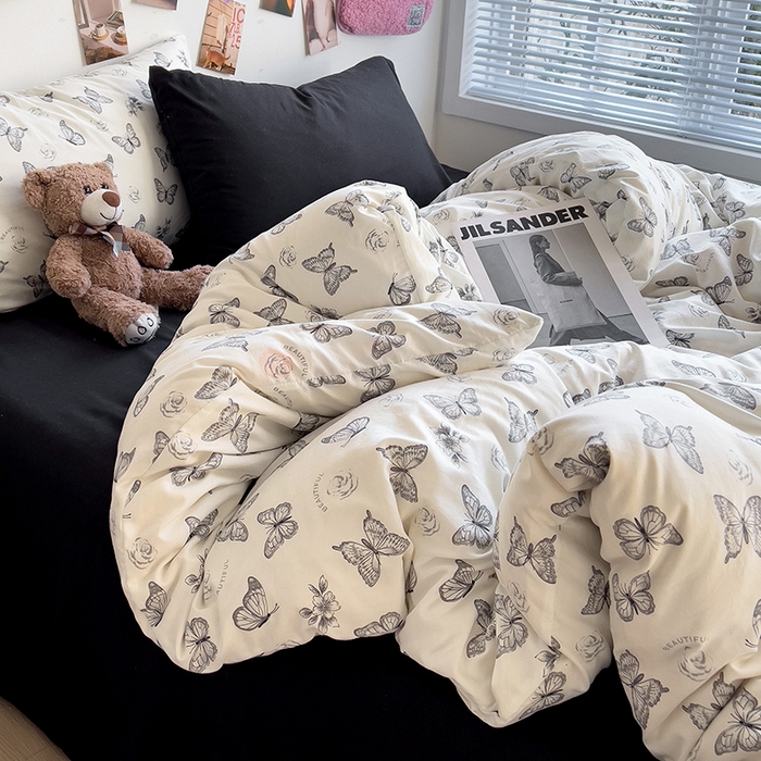 91家纺网 家纺一手货源 找家纺 韩巢家纺 2025新款水洗棉印花被套床单四件套学生宿舍床上三件套 -提供卖家秀 梦幻蝴蝶