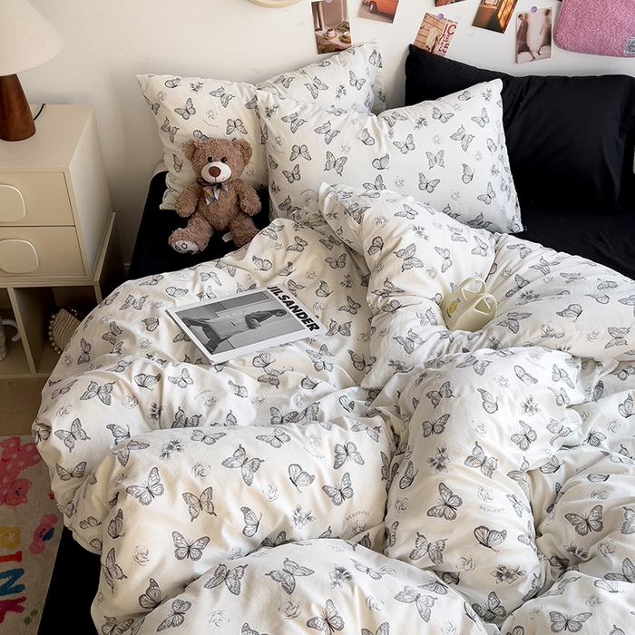 91家纺网 家纺一手货源 找家纺 韩巢家纺 2025新款水洗棉印花被套床单四件套学生宿舍床上三件套 -提供卖家秀 梦幻蝴蝶