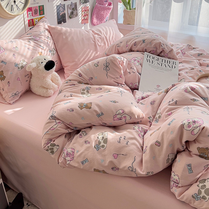 91家纺网 家纺一手货源 找家纺 韩巢家纺 2025新款水洗棉印花被套床单四件套学生宿舍床上三件套 -提供卖家秀 小猫线球