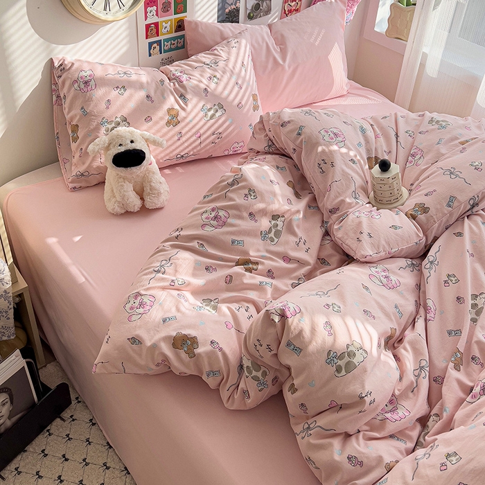 91家纺网 家纺一手货源 找家纺 韩巢家纺 2025新款水洗棉印花被套床单四件套学生宿舍床上三件套 -提供卖家秀 小猫线球