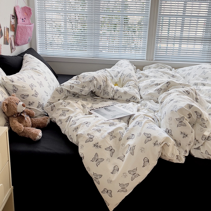 91家纺网 家纺一手货源 找家纺 韩巢家纺 2025新款水洗棉印花被套床单四件套学生宿舍床上三件套 -提供卖家秀 梦幻蝴蝶