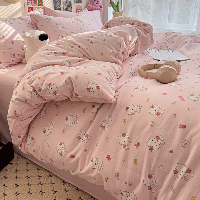 91家纺网 家纺一手货源 找家纺 韩巢家纺 2025新款水洗棉印花被套床单四件套学生宿舍床上三件套 -提供卖家秀 糖果KT