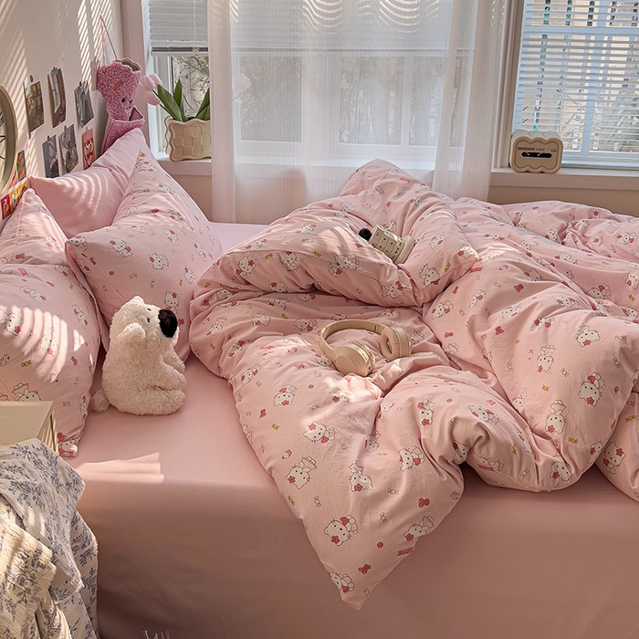 91家纺网 家纺一手货源 找家纺 韩巢家纺 2025新款水洗棉印花被套床单四件套学生宿舍床上三件套 -提供卖家秀 糖果KT